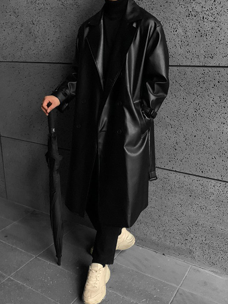Zwarte Lange Leren Trenchcoat Jas Voor Heren - Umami