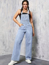 mouwloze denim overall met wijde pijp