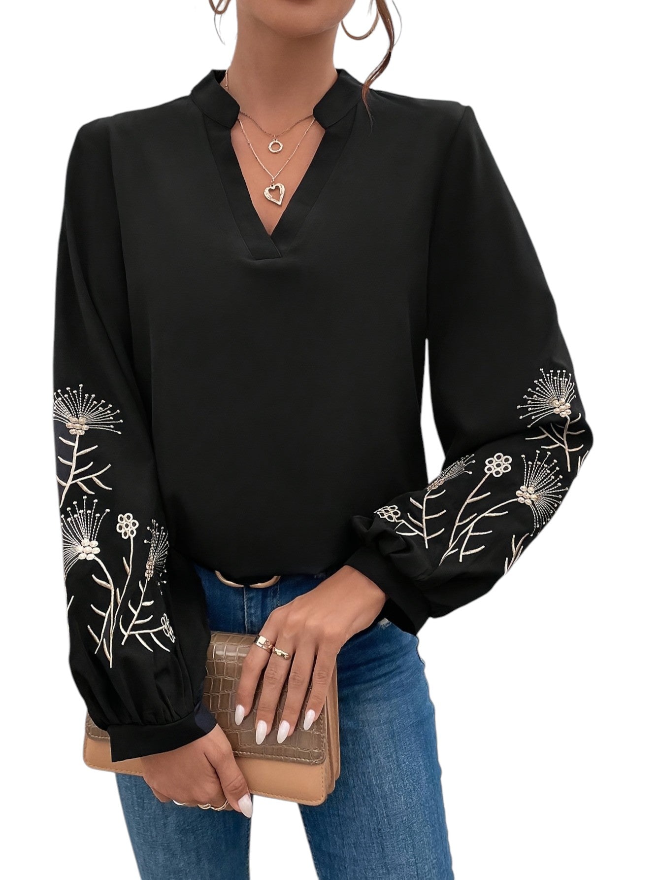 Geborduurde V-hals Blouse Met Lange Mouwen