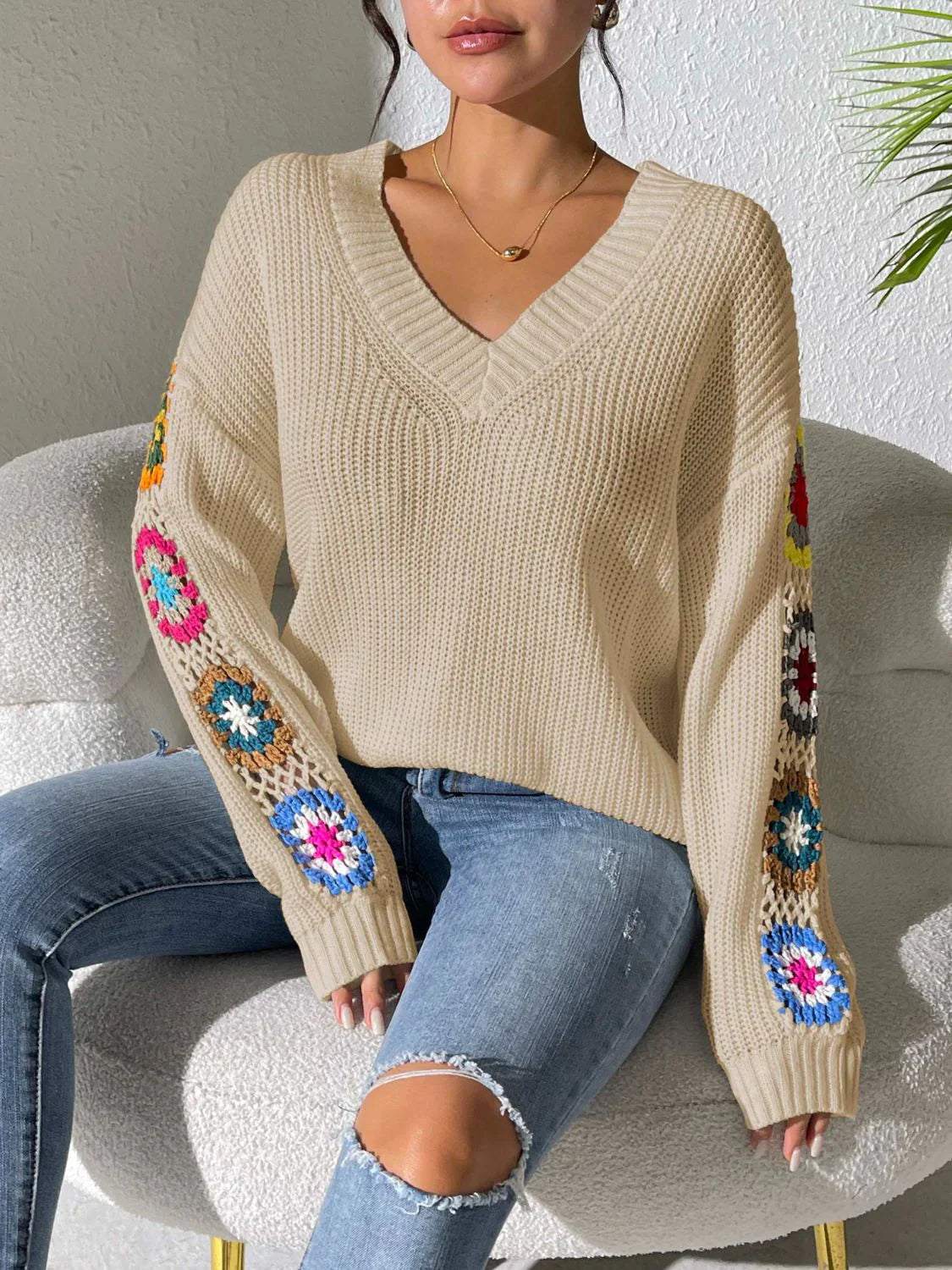 Trendy Gebreide Sweater Met V-hals