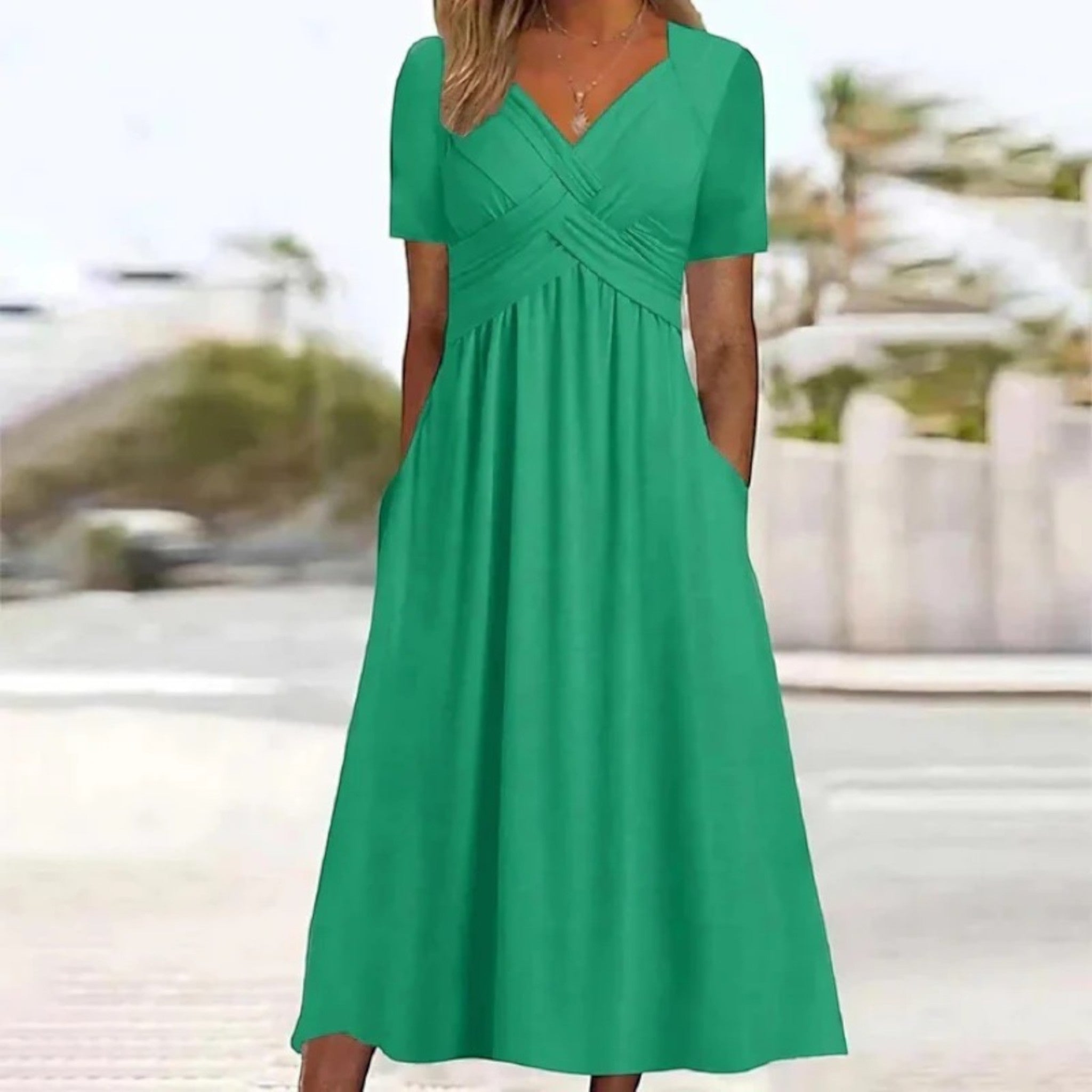 Malia | Zomerjurk Met V-hals En Zakken | Midi
