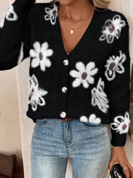 Gebreid Cardigan Vest Met Bloemen - Cindy