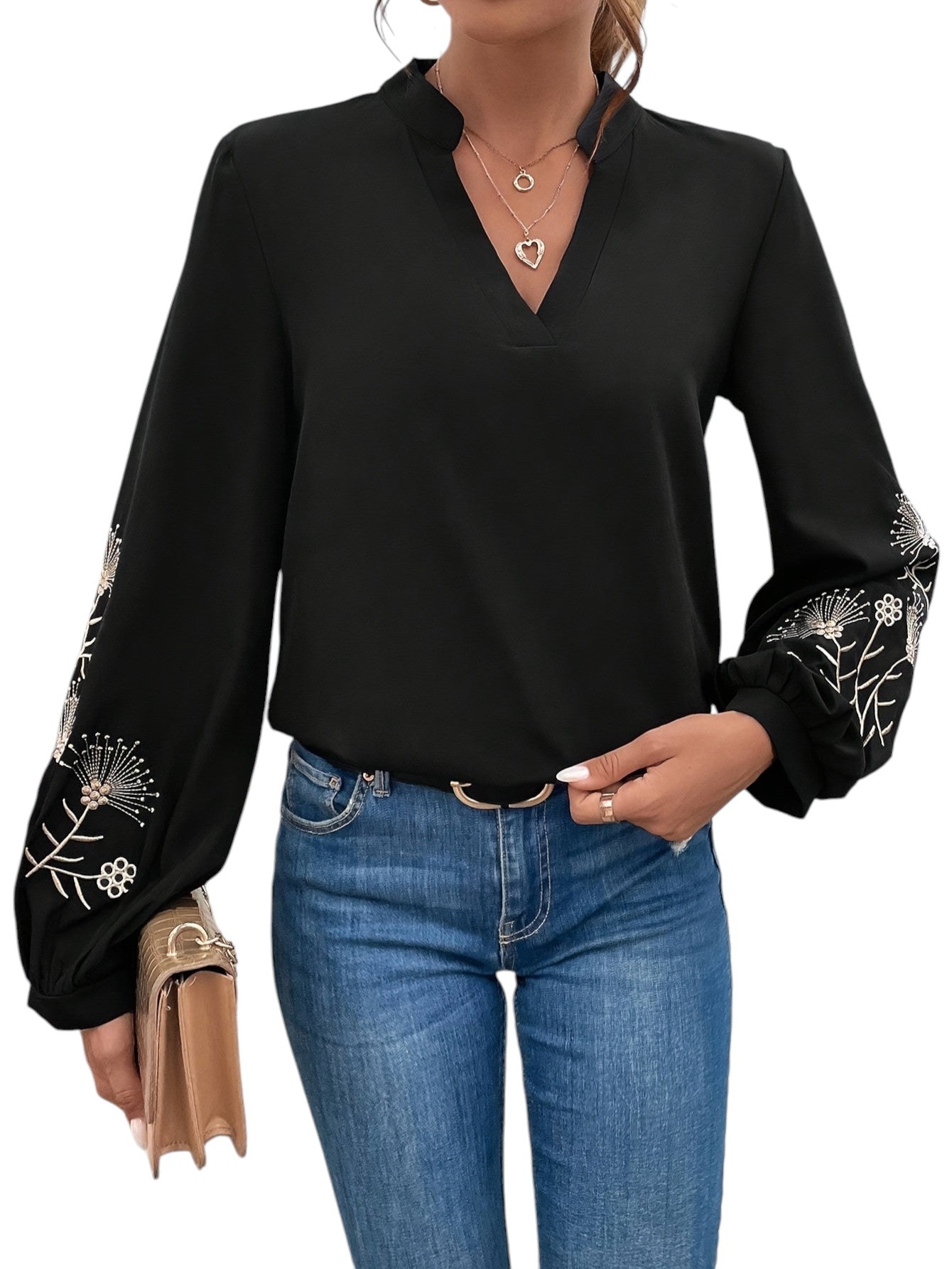 Geborduurde V-hals Blouse Met Lange Mouwen