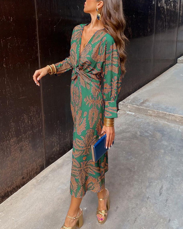 Xenia - Jurk Met Vintage Print en Lange Mouwen