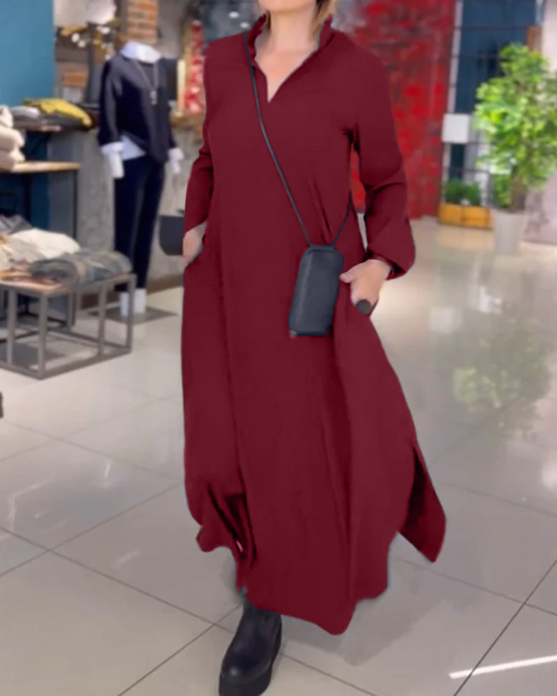Effen Kleuren Maxi Jurk Met Lange Mouwen