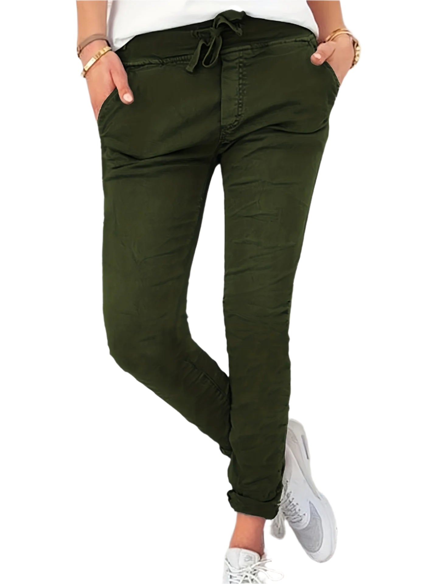 Rekbare Casual Damesbroek – Hoge Taille, Trekkoord & Zakken