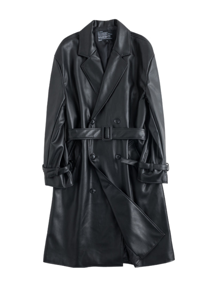 Zwarte Lange Leren Trenchcoat Jas Voor Heren - Umami