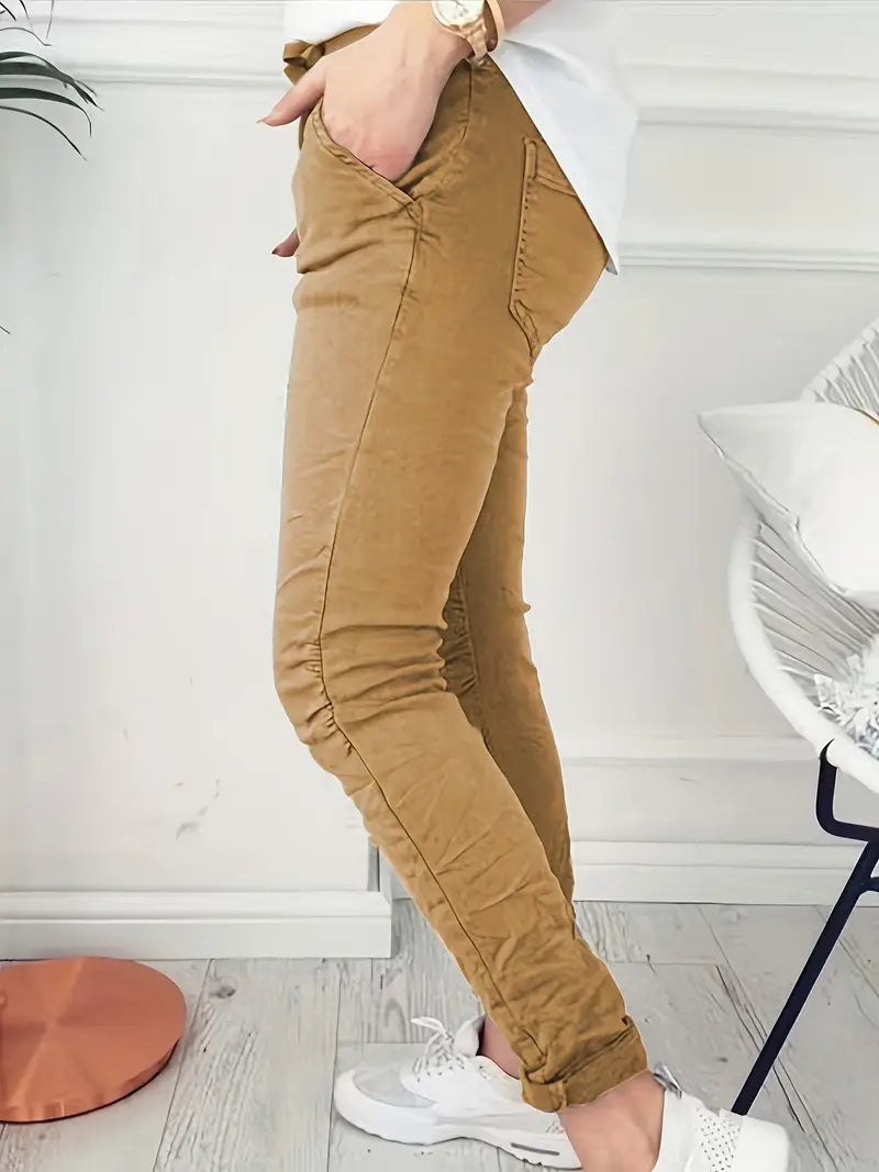 Rekbare Casual Damesbroek – Hoge Taille, Trekkoord & Zakken