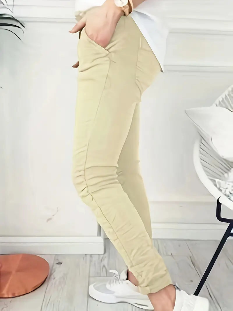 Rekbare Casual Damesbroek – Hoge Taille, Trekkoord & Zakken