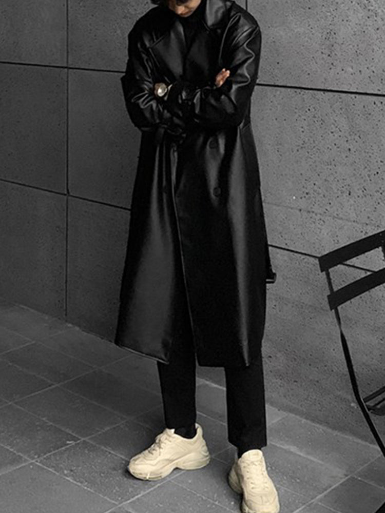 Zwarte Lange Leren Trenchcoat Jas Voor Heren - Umami
