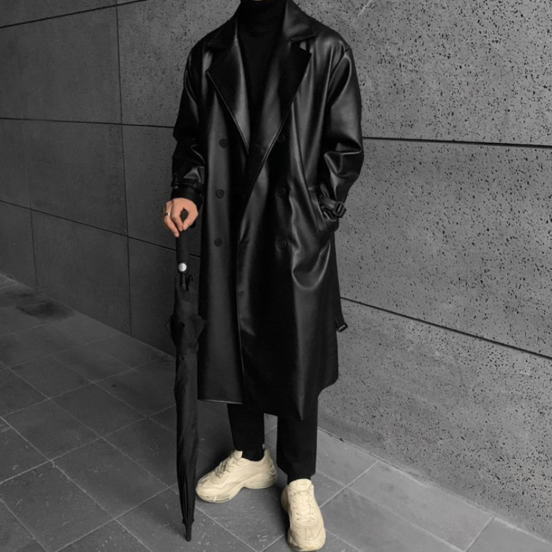 Zwarte Lange Leren Trenchcoat Jas Voor Heren - Umami