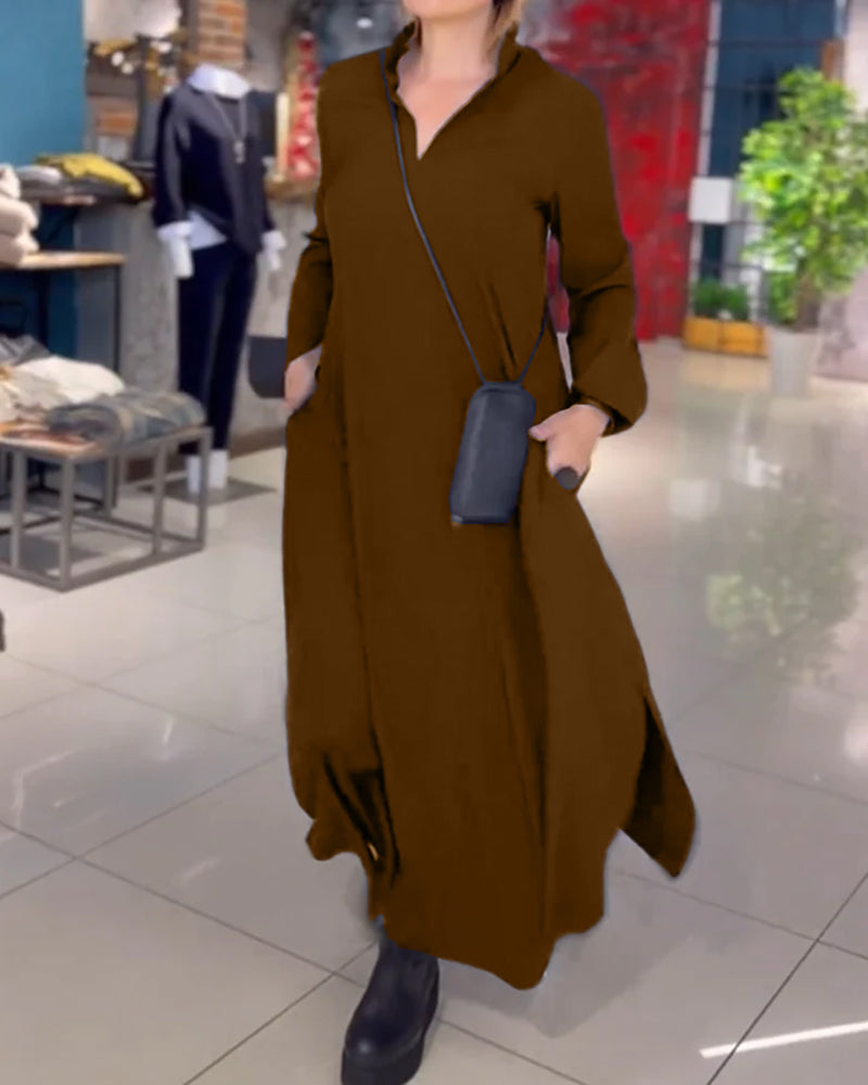 Effen Kleuren Maxi Jurk Met Lange Mouwen