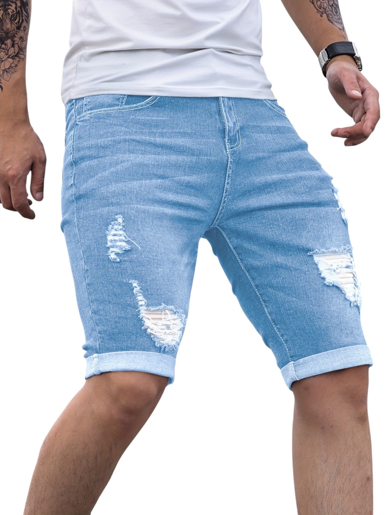 Heren Slim Fit Denim Shorts Blauw Met Stretch