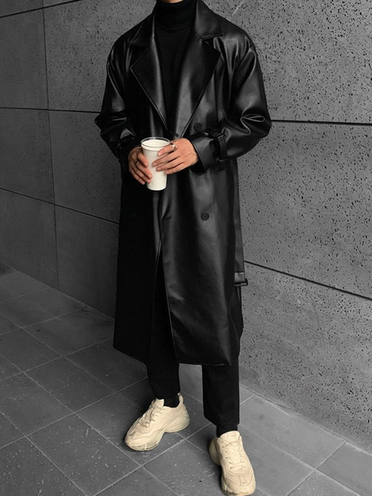 Zwarte Lange Leren Trenchcoat Jas Voor Heren - Umami