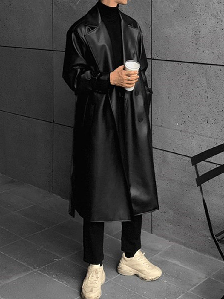 Zwarte Lange Leren Trenchcoat Jas Voor Heren - Umami