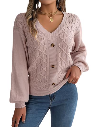 Modieuze Lange Mouwen Cardigan Met V-Hals En Kabelpatroon - Liona