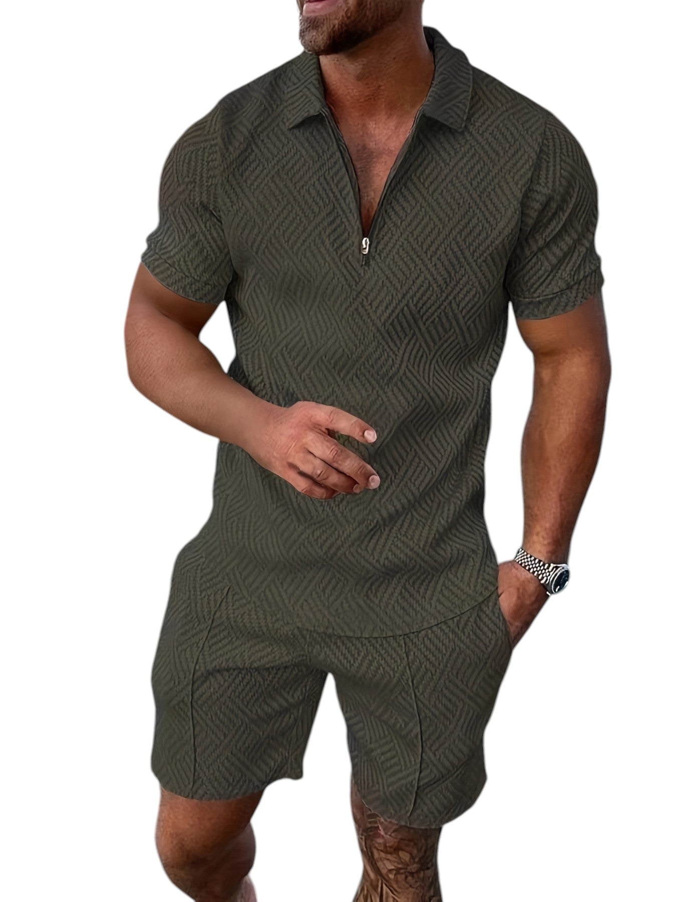 2-Delige Heren Set Half Zip Polo & Shorts