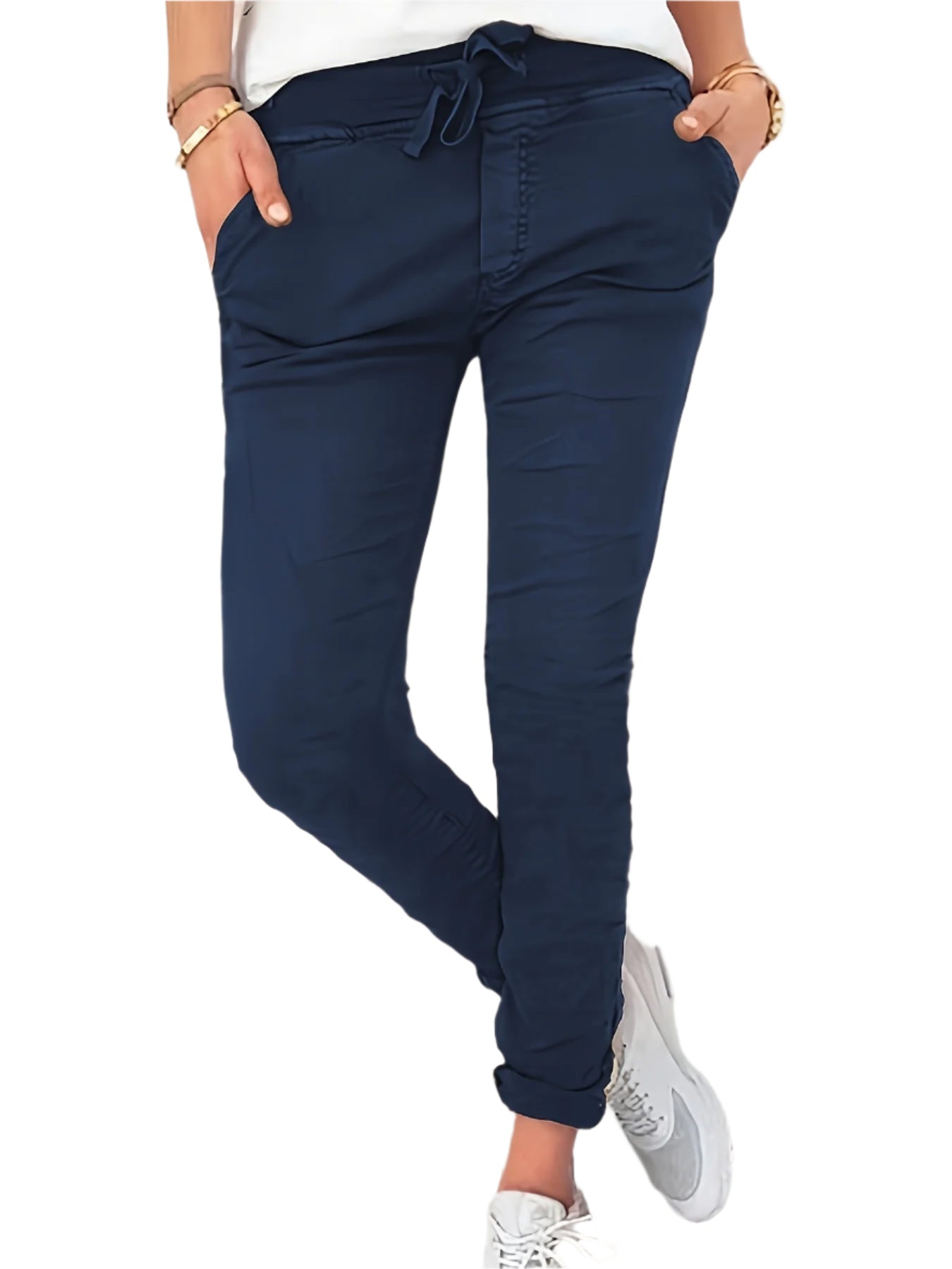Rekbare Casual Damesbroek – Hoge Taille, Trekkoord & Zakken
