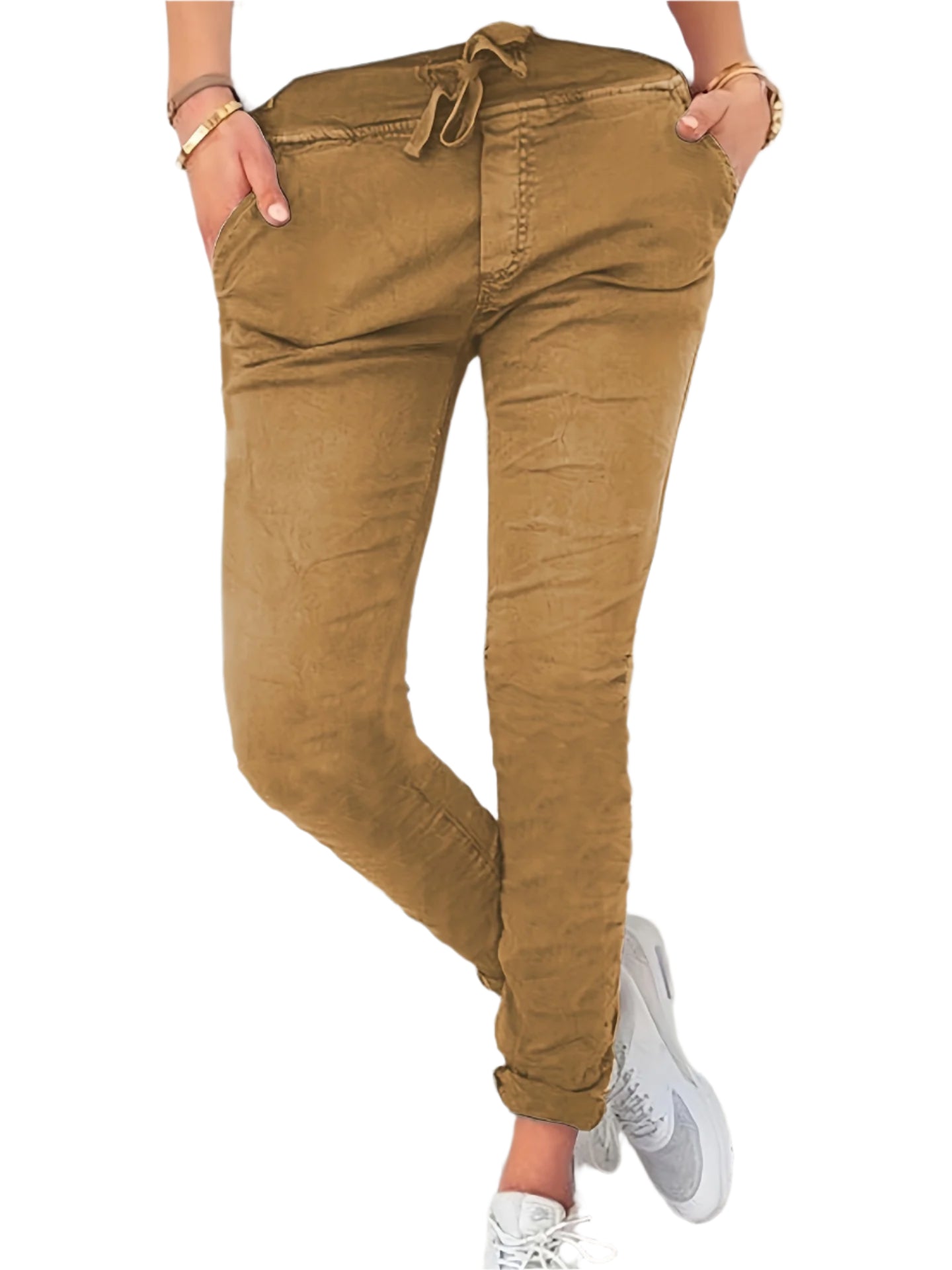 Rekbare Casual Damesbroek – Hoge Taille, Trekkoord & Zakken