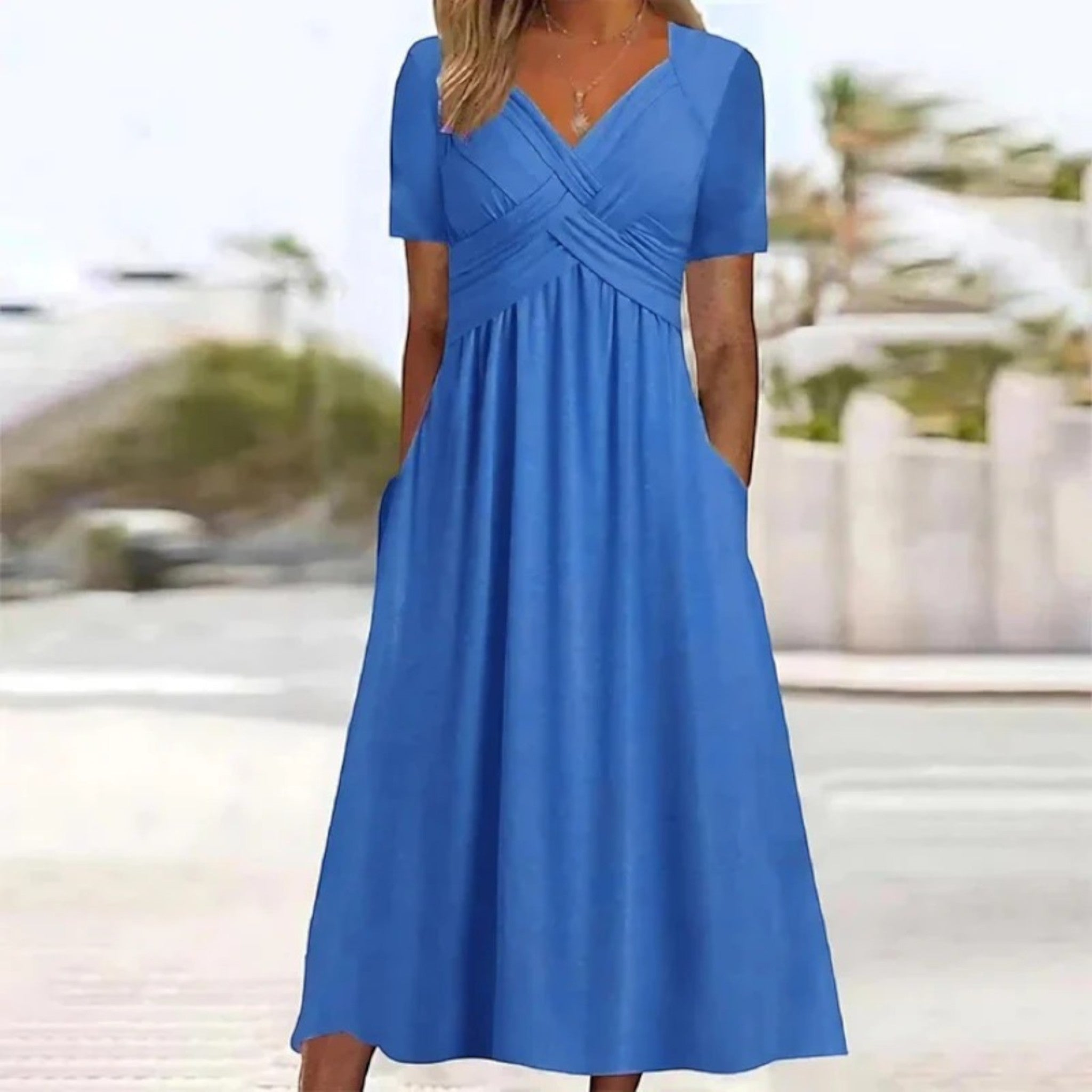 Malia | Zomerjurk Met V-hals En Zakken | Midi