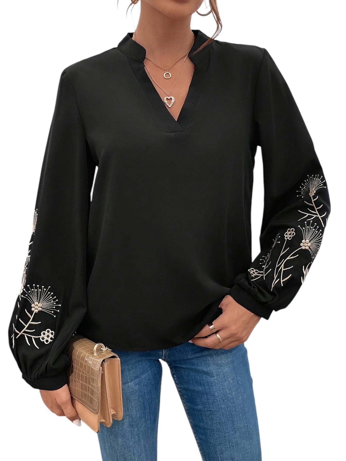 Geborduurde V-hals Blouse Met Lange Mouwen