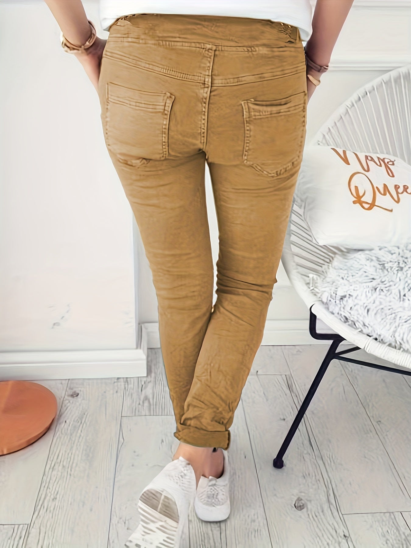 Rekbare Casual Damesbroek – Hoge Taille, Trekkoord & Zakken