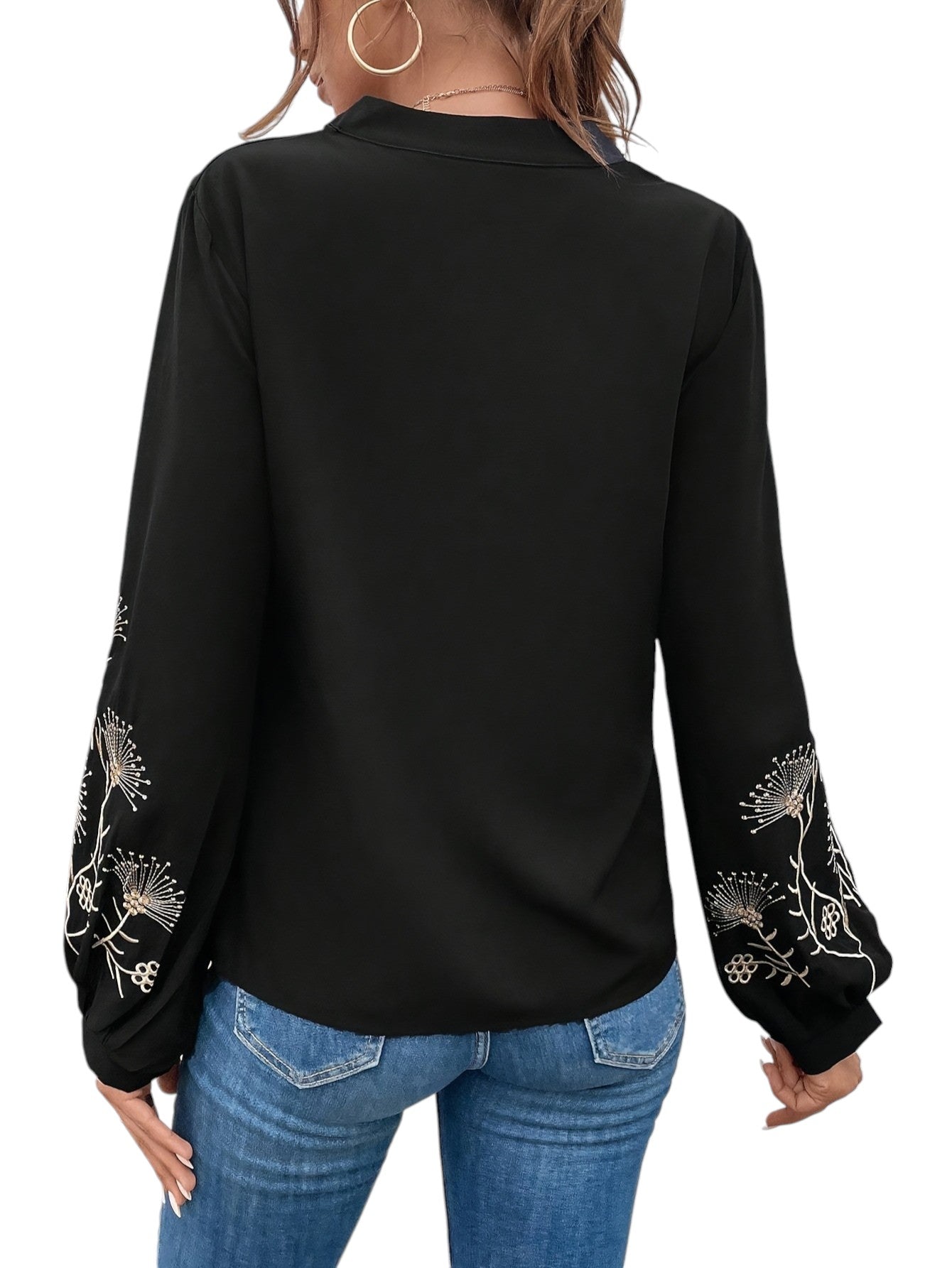 Geborduurde V-hals Blouse Met Lange Mouwen
