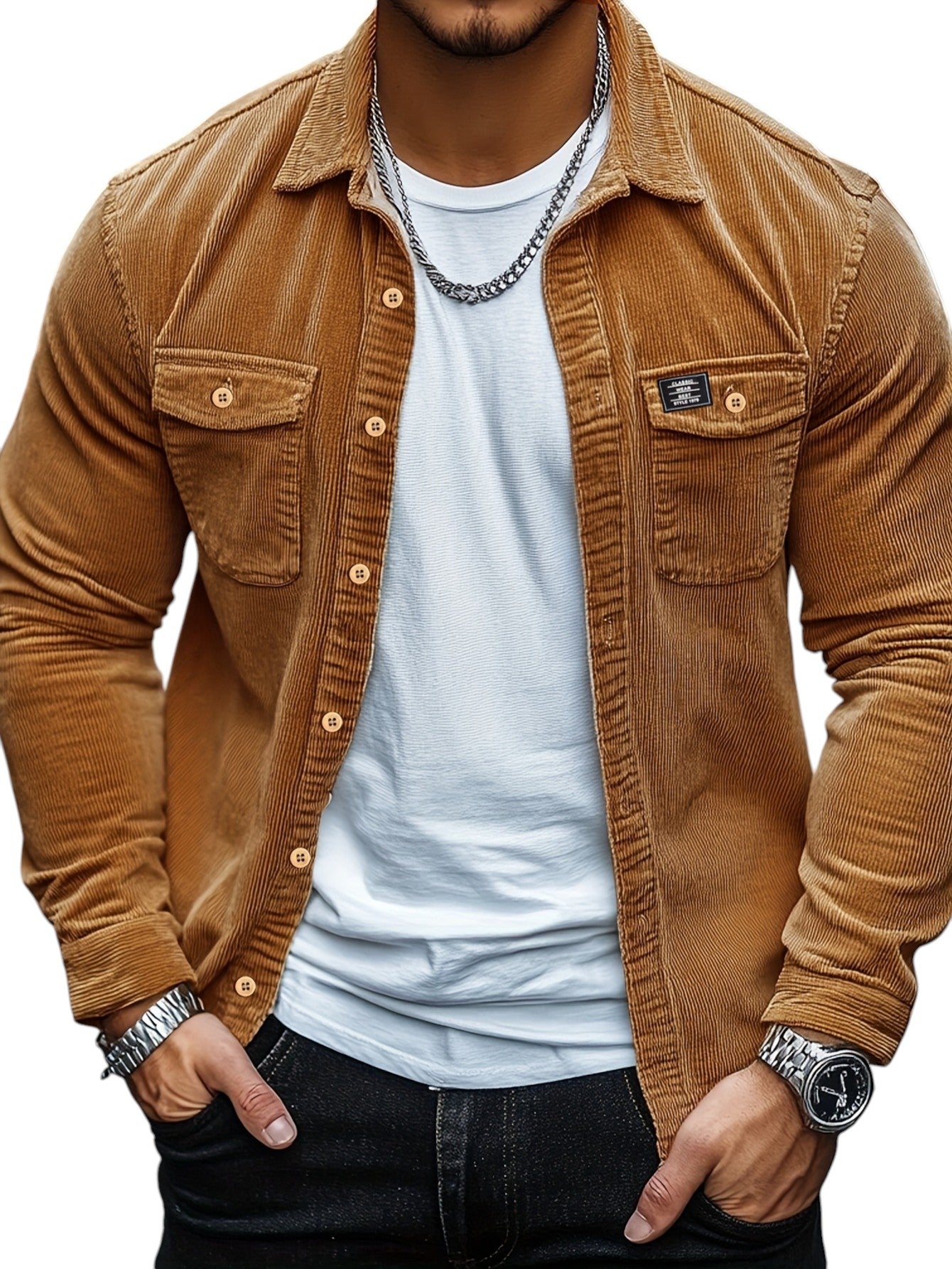 Heren Casual Katoenen Overhemd – Regular Fit, Reverskraag, Voorzakken