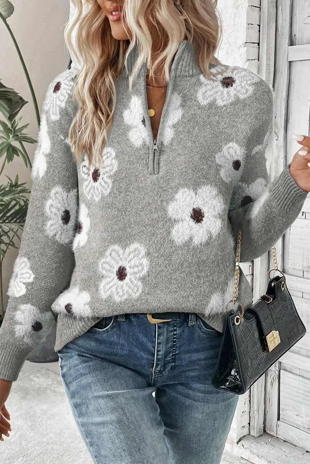 Zachte Sweater Met Halve Rits & Bloemenprint - Anna