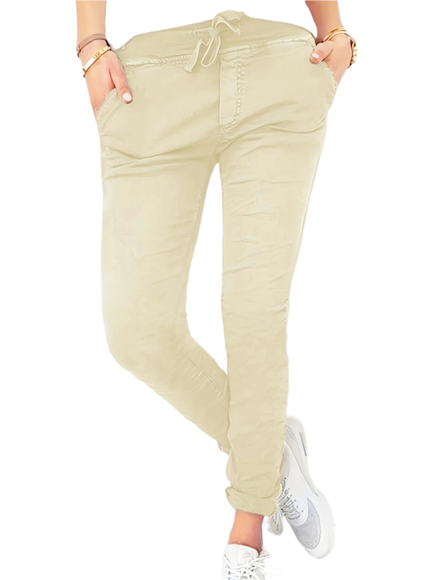 Rekbare Casual Damesbroek – Hoge Taille, Trekkoord & Zakken