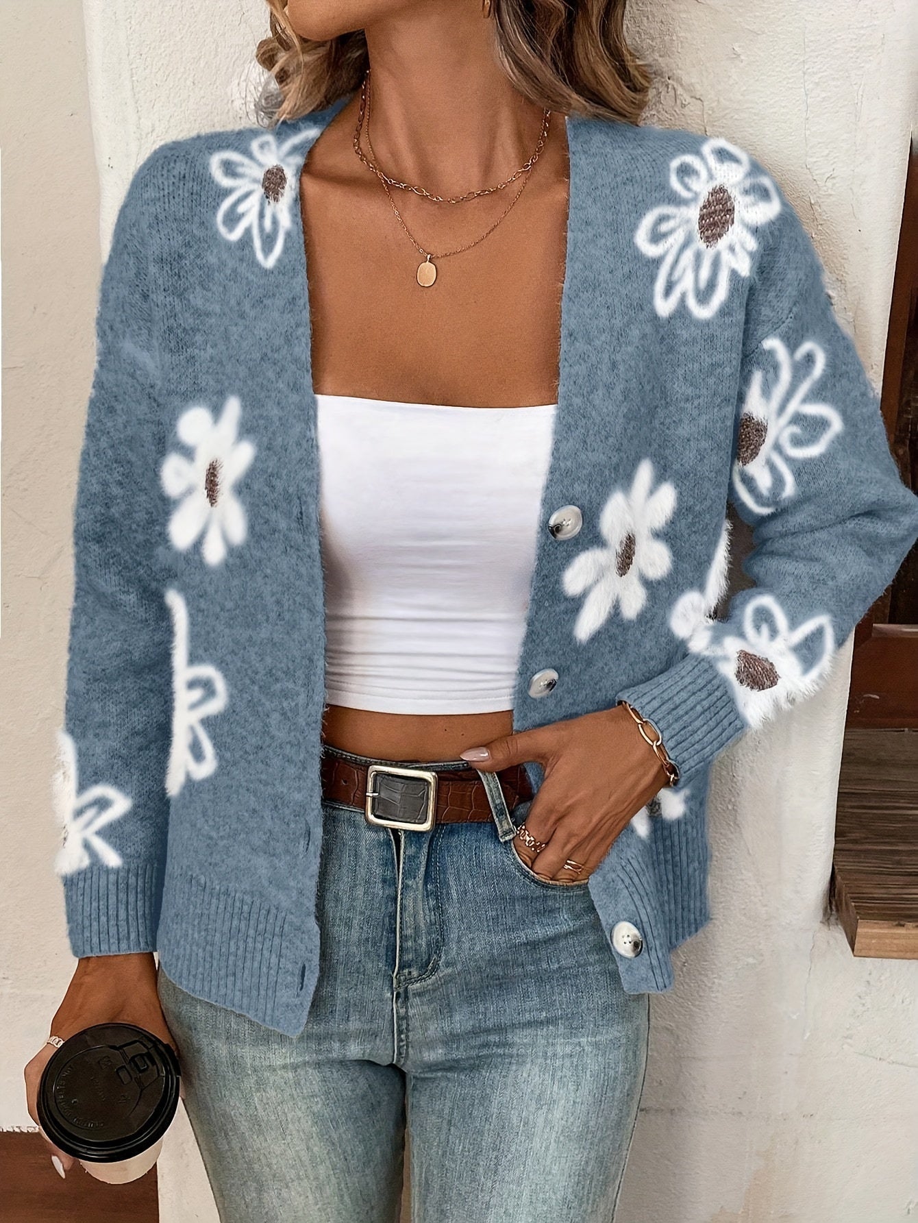 Gebreid Cardigan Vest Met Bloemen - Cindy