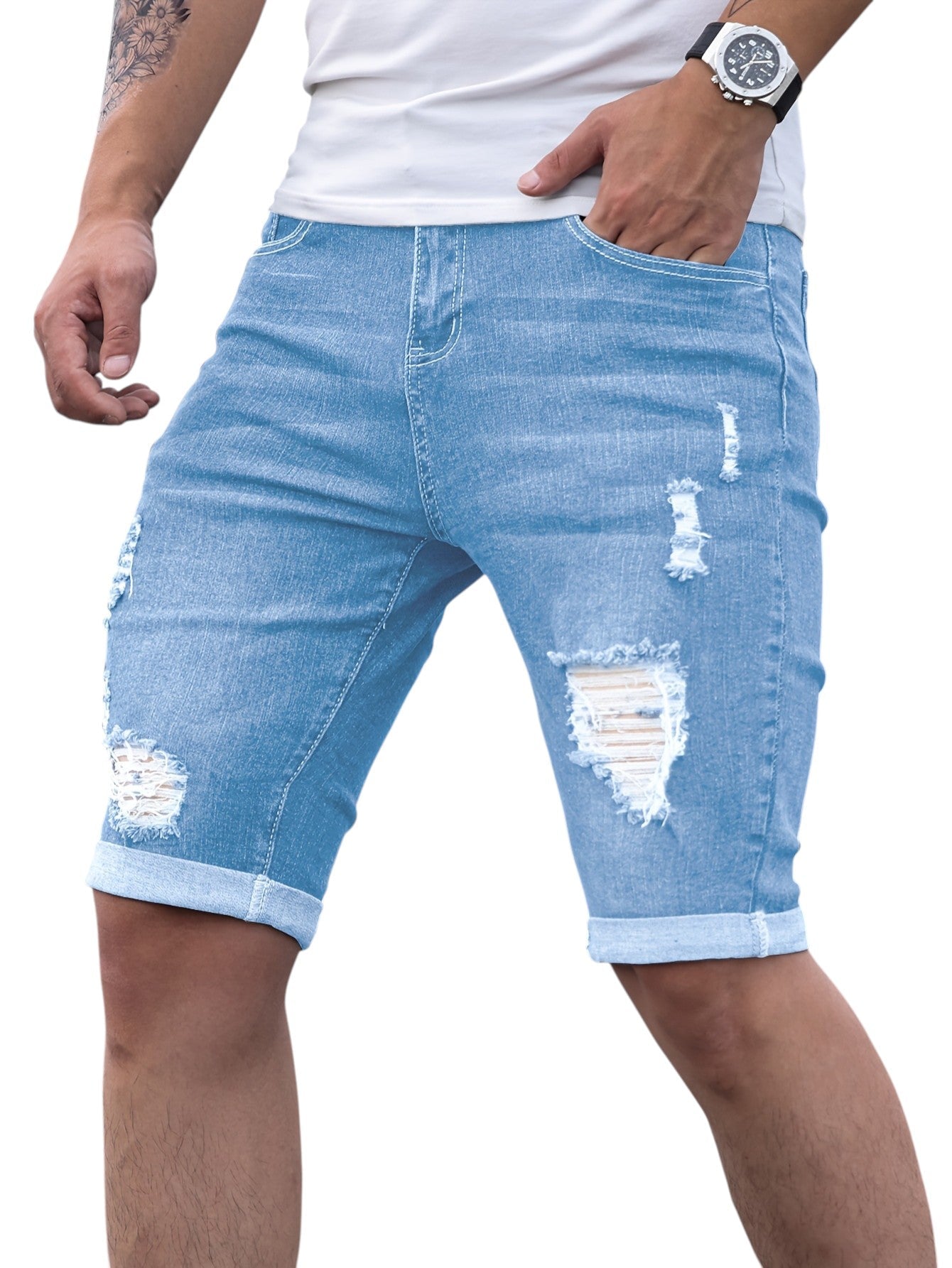 Heren Slim Fit Denim Shorts Blauw Met Stretch