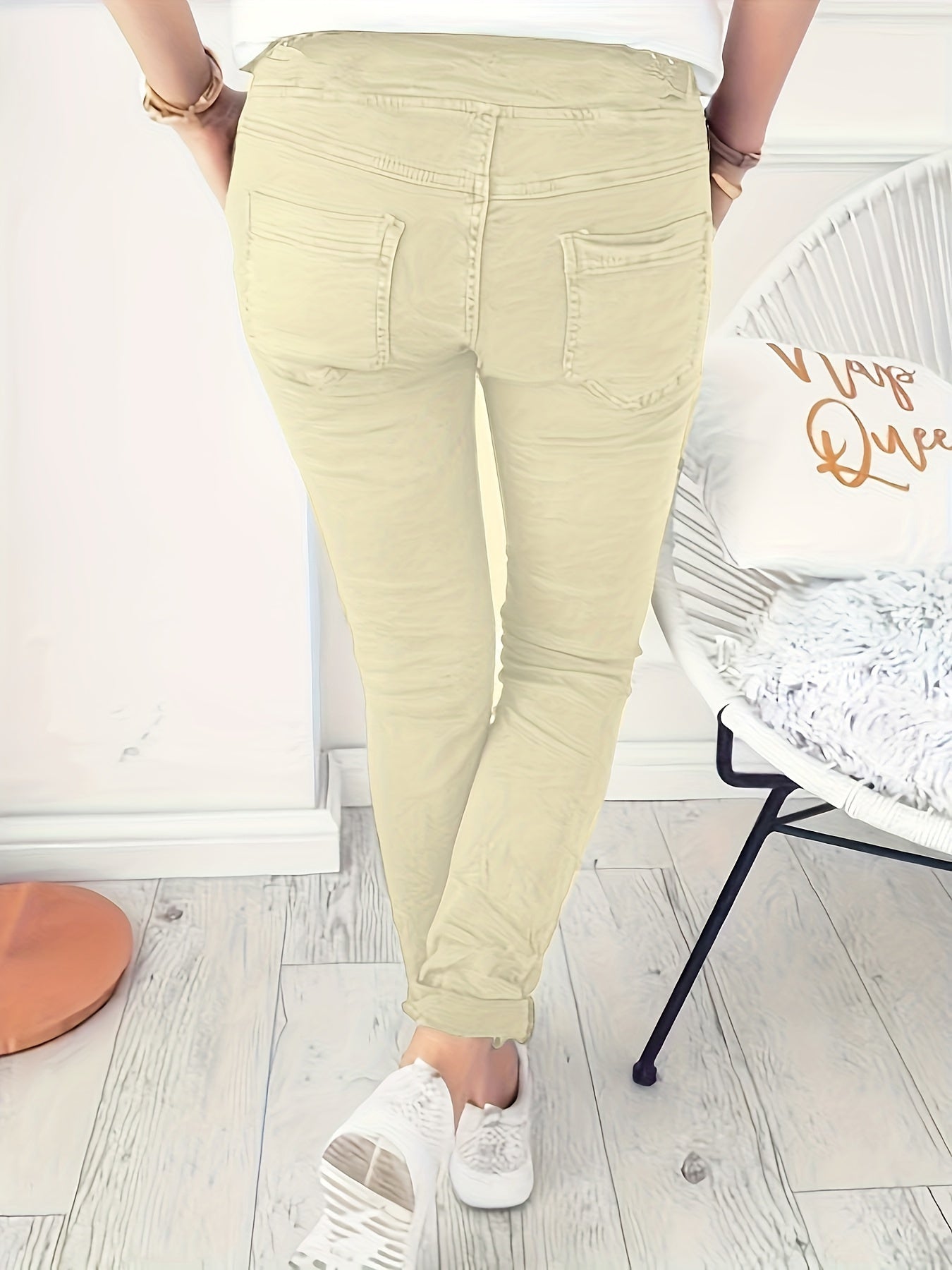 Rekbare Casual Damesbroek – Hoge Taille, Trekkoord & Zakken