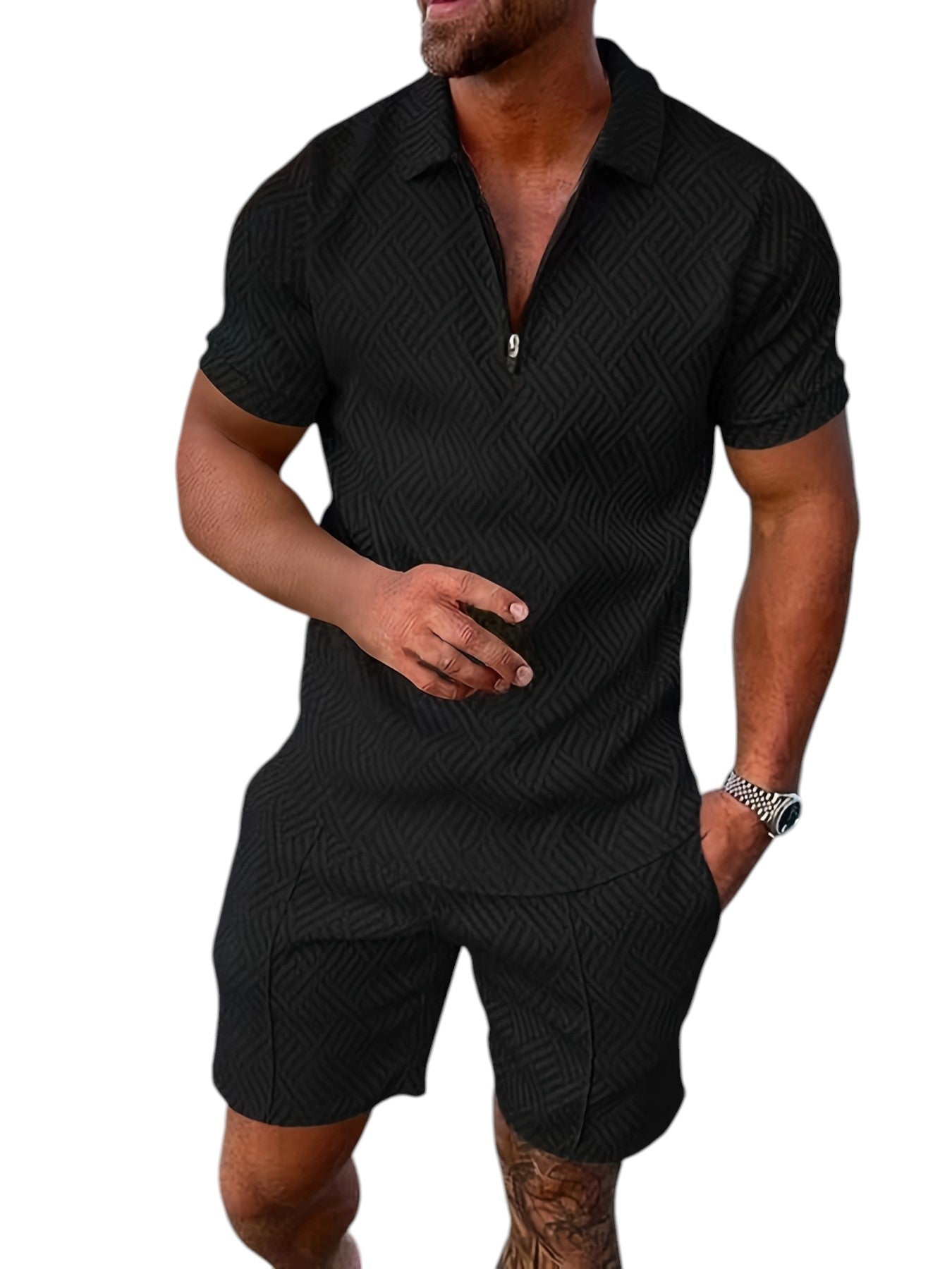 2-Delige Heren Set Half Zip Polo & Shorts