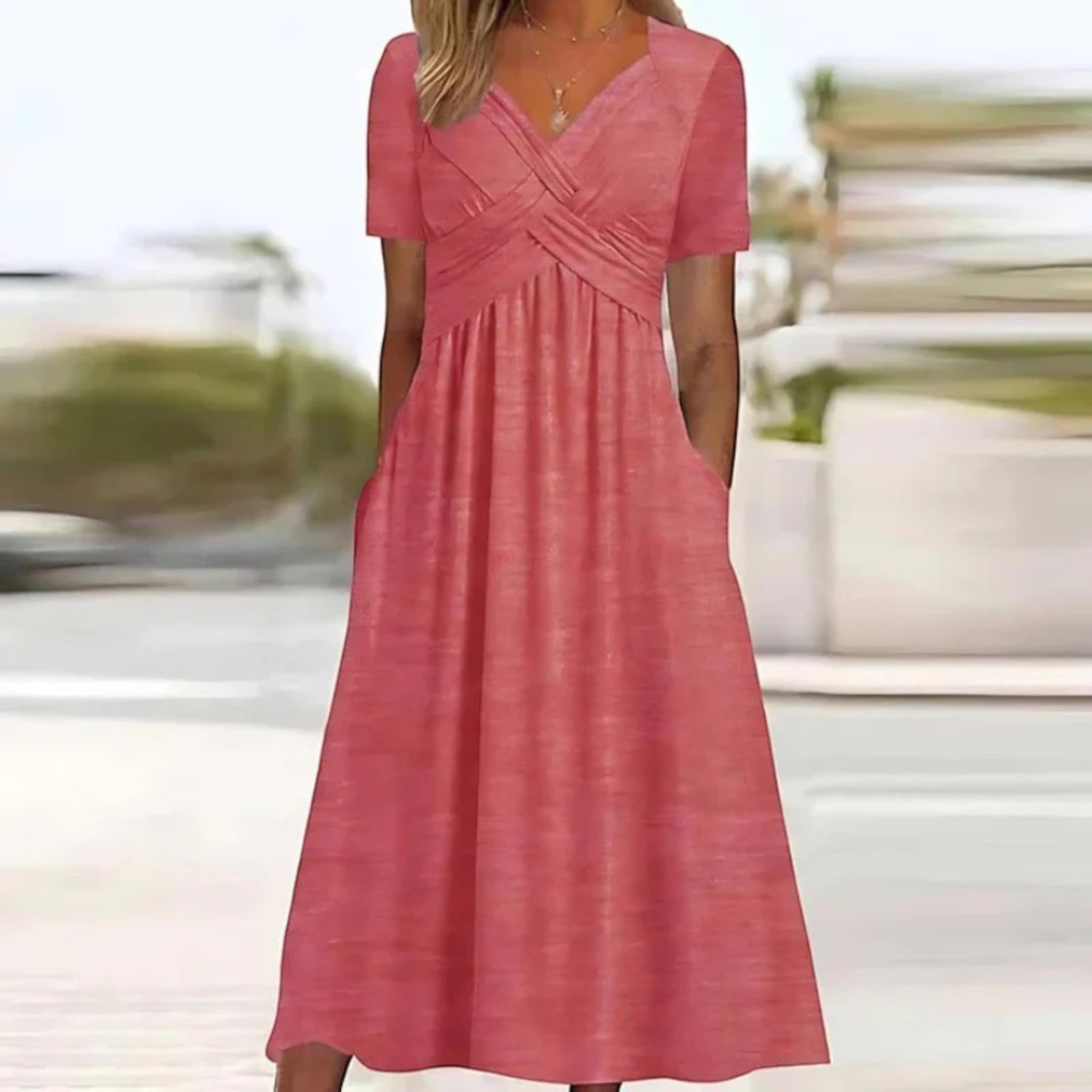 Malia | Zomerjurk Met V-hals En Zakken | Midi