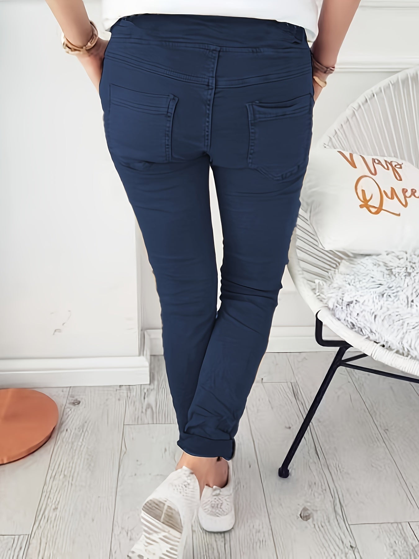 Rekbare Casual Damesbroek – Hoge Taille, Trekkoord & Zakken