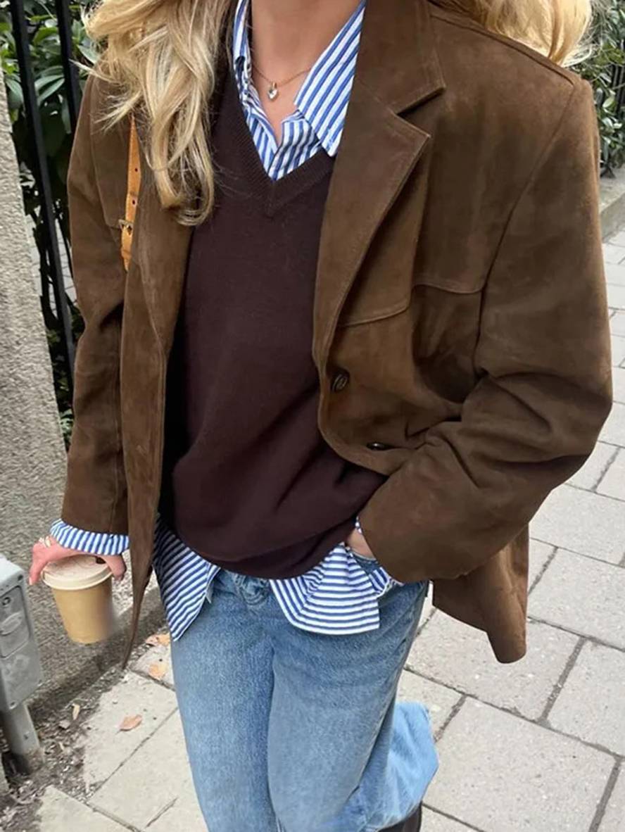 Casual Vintage suède Losse Dames Jas Met Zakken - Chelsey