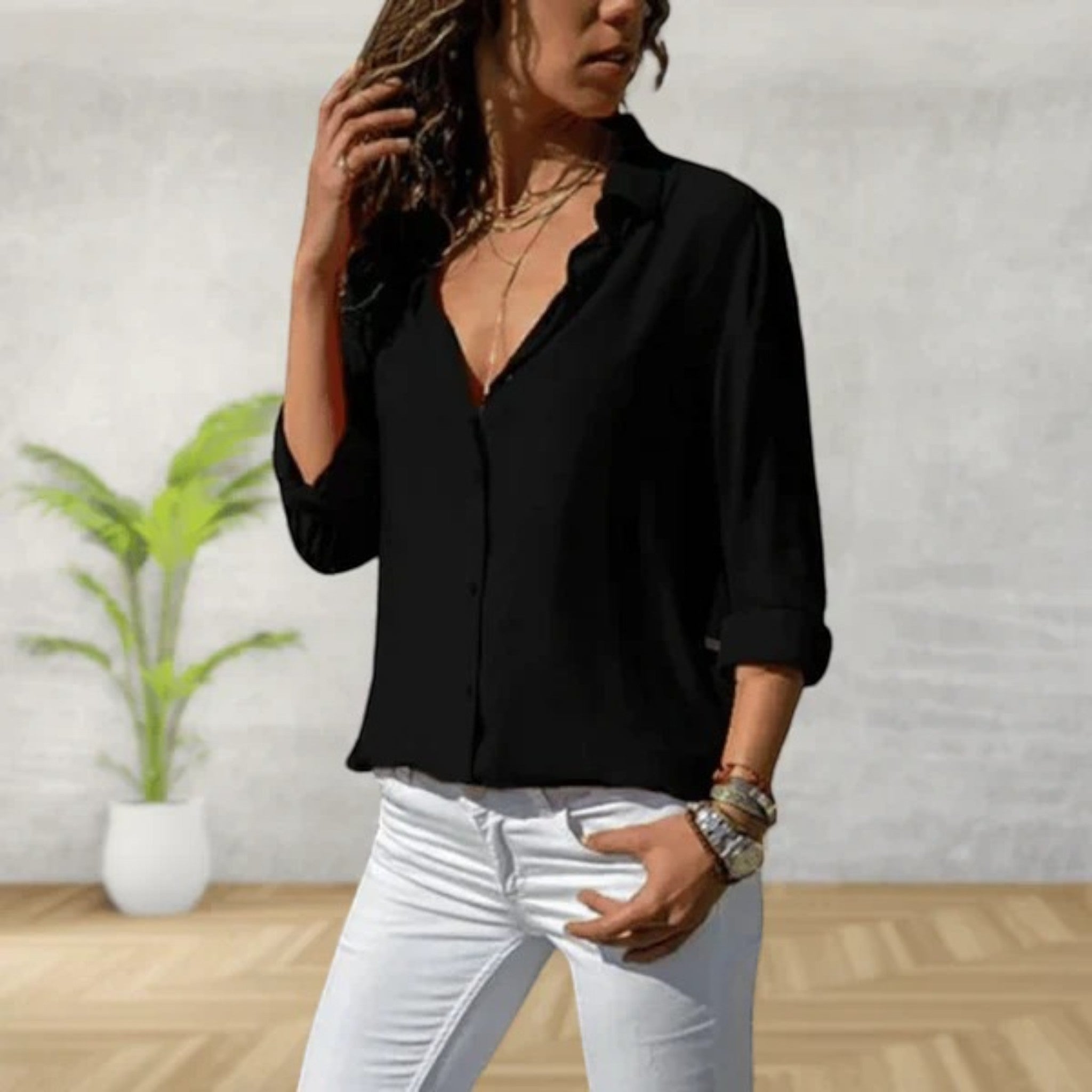 Angela | Casual V-hals Shirt Met Lange Mouwen