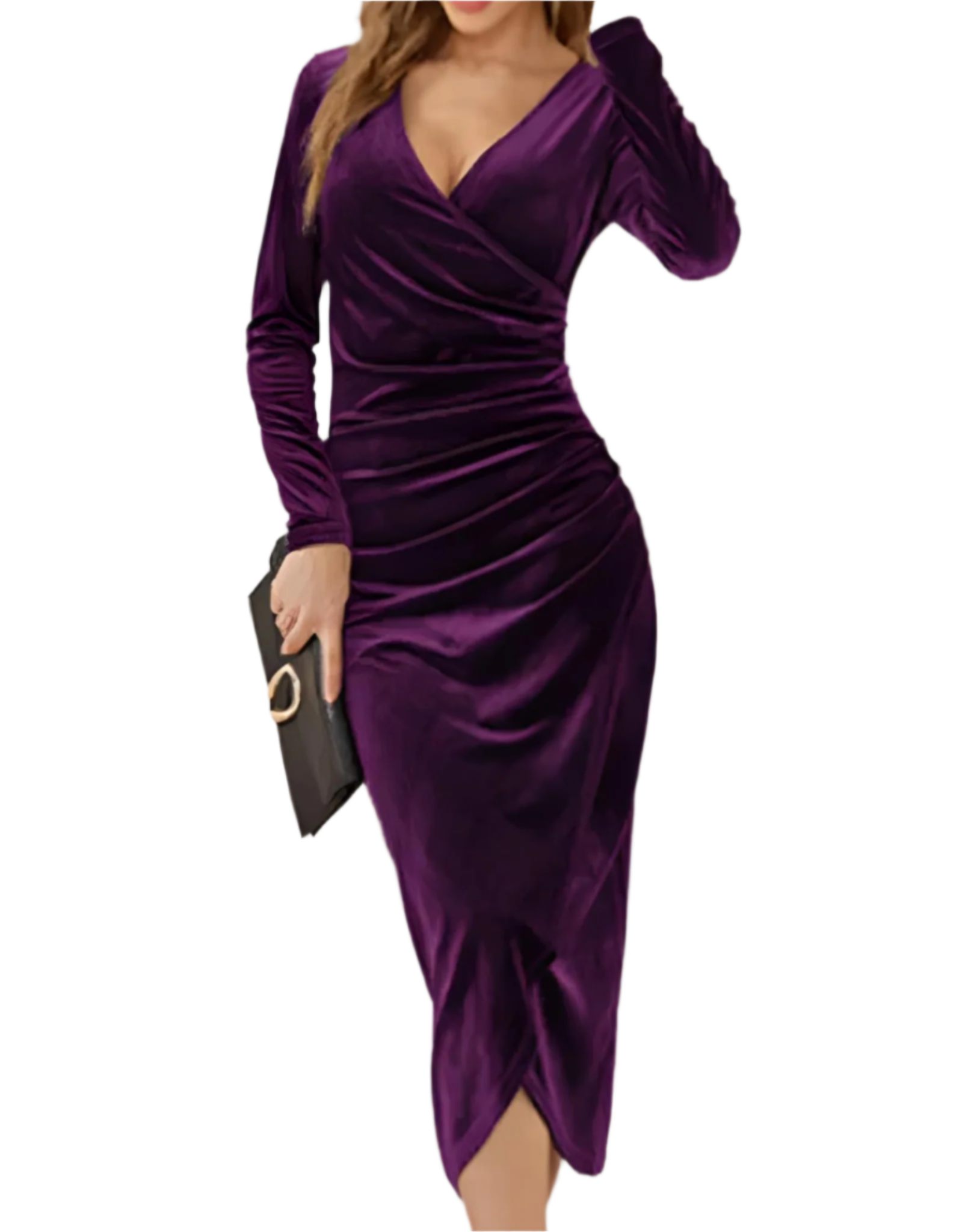 Fluwelen Bodycon Jurk Met V-hals en Lange Mouwen