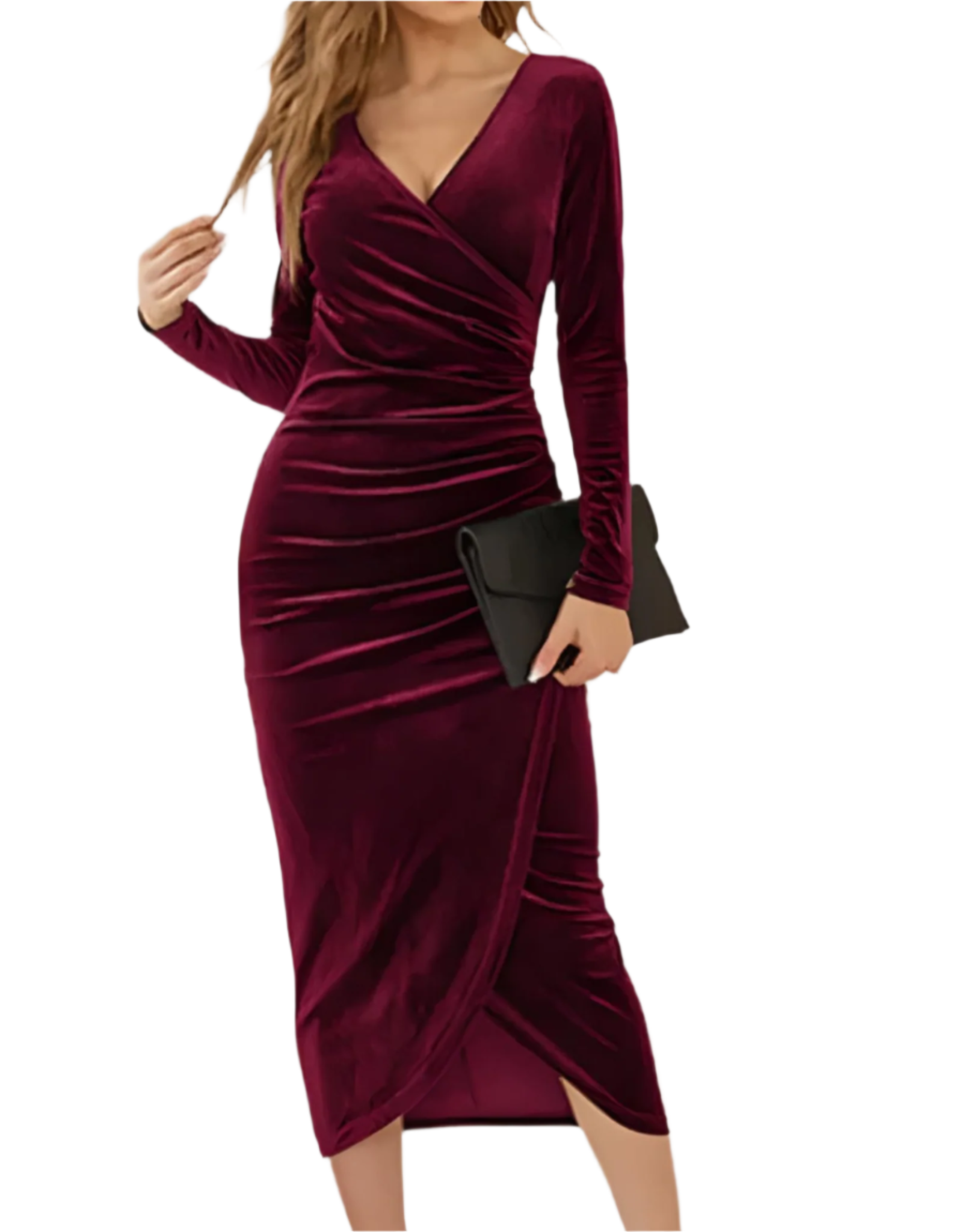 Fluwelen Bodycon Jurk Met V-hals en Lange Mouwen