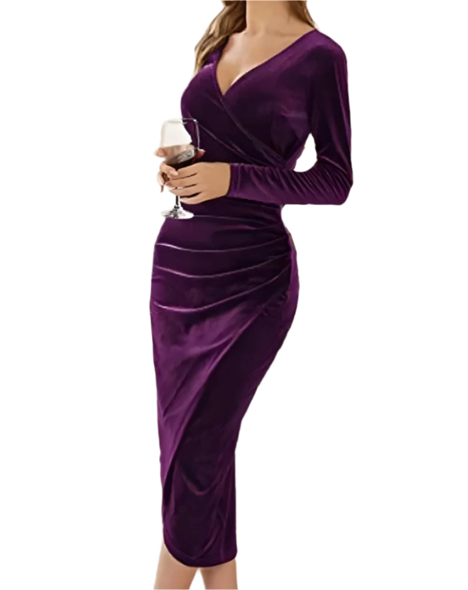 Fluwelen Bodycon Jurk Met V-hals en Lange Mouwen