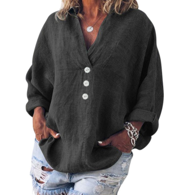 Dames Linnen V-hals Shirt Met Lange Mouwen