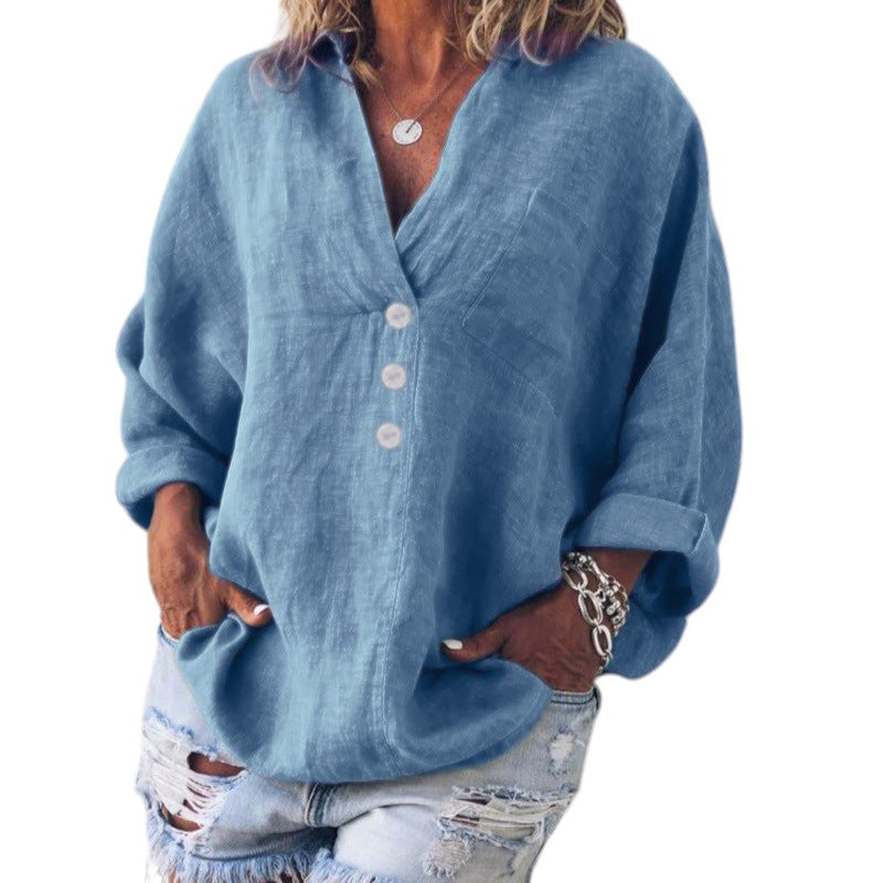 Dames Linnen V-hals Shirt Met Lange Mouwen