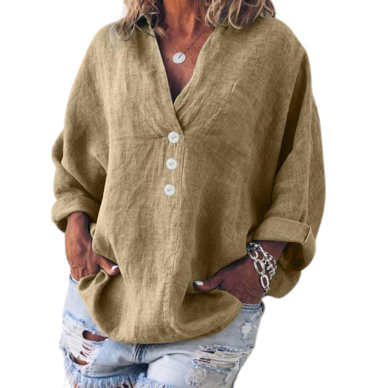 Dames Linnen V-hals Shirt Met Lange Mouwen