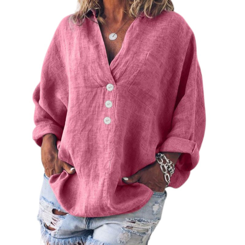 Dames Linnen V-hals Shirt Met Lange Mouwen