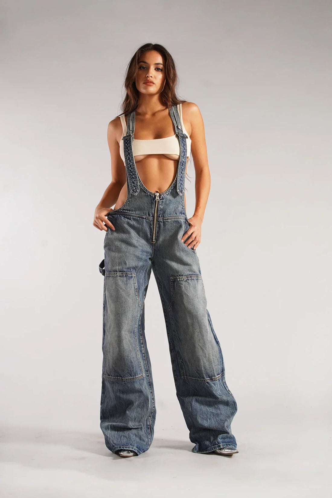 Mouwloze Denim Jumpsuit Met Wijde Pijpen