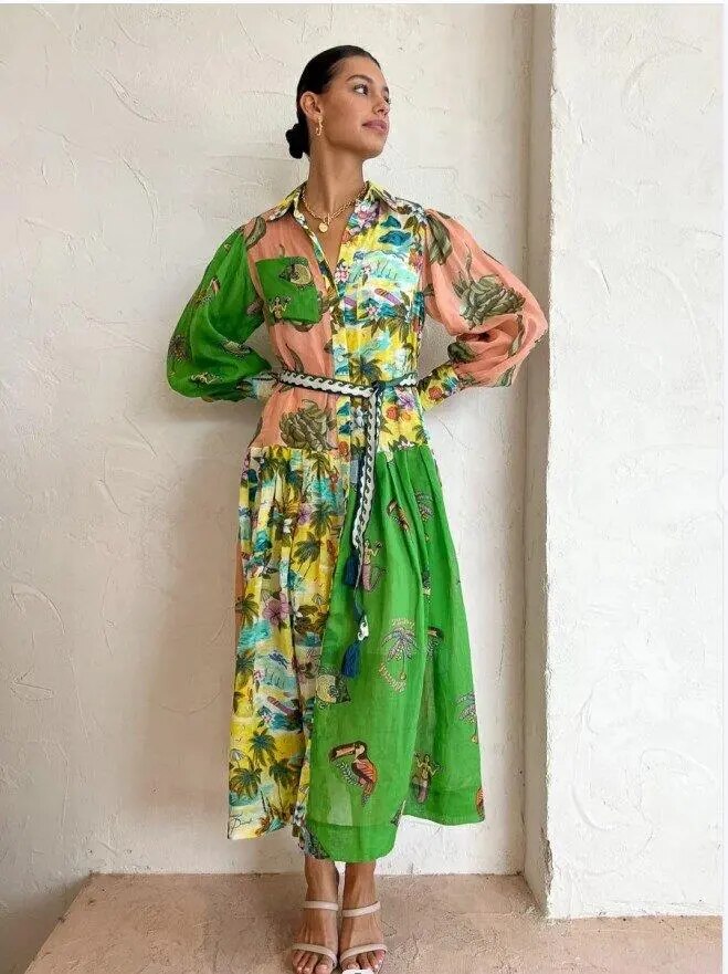 Zara - Lange Vintage Jurk Met Kleurrijke Print Dames