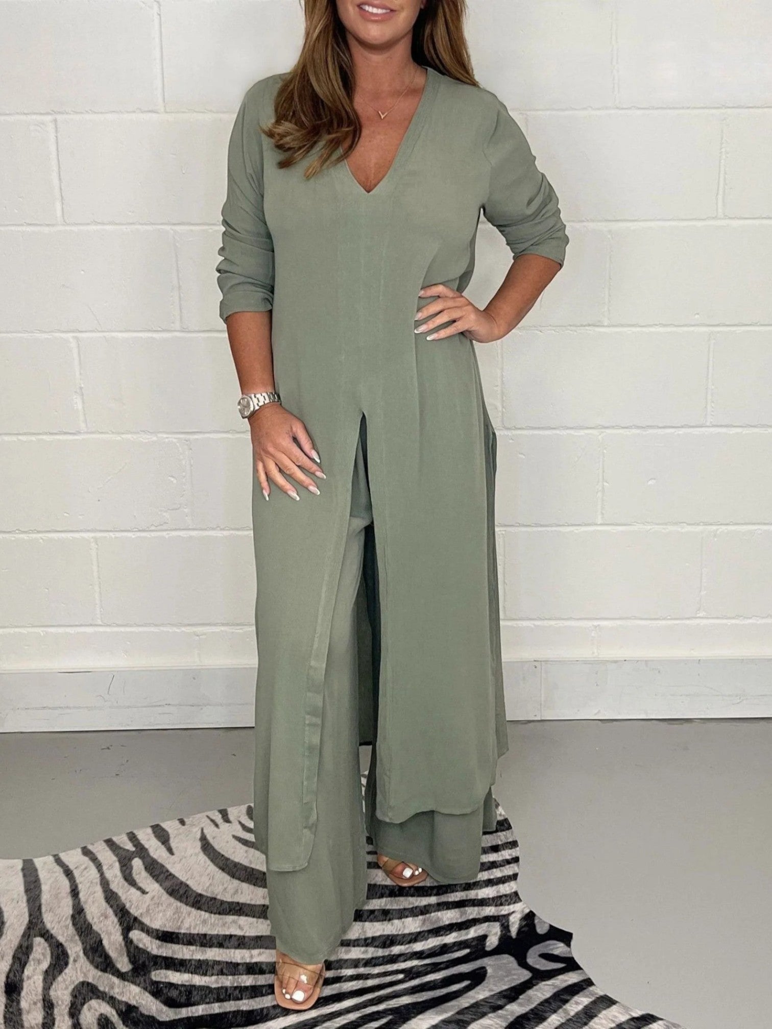 Casual Tweedelige Set Met V-hals En Lange Split