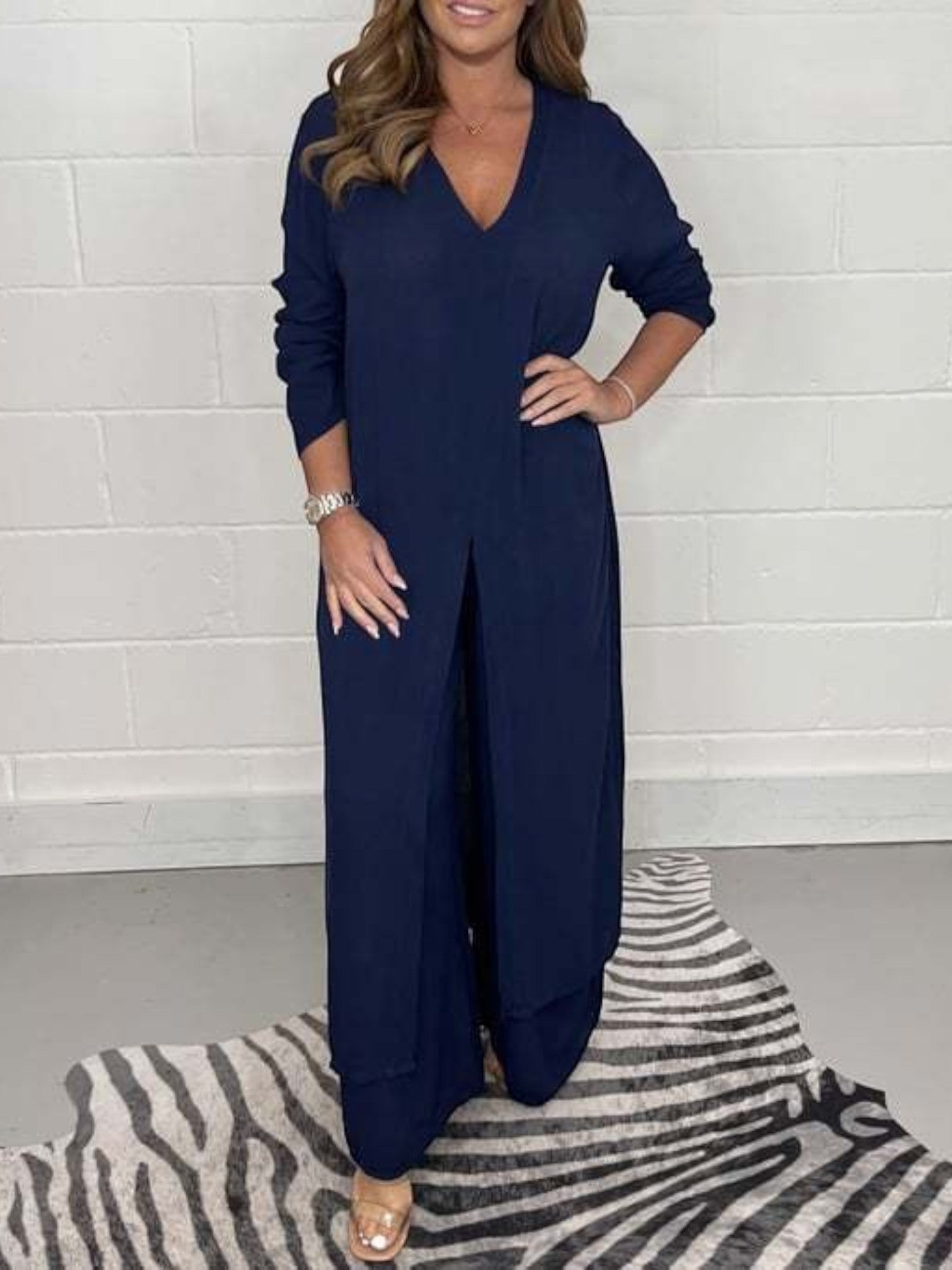 Casual Tweedelige Set Met V-hals En Lange Split