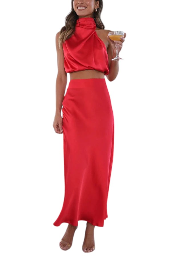2-Delige Satijnen Set Maxi Rok & Top